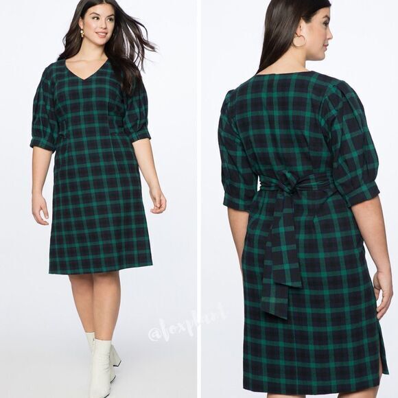NEW Eloquii green Plaid V-Neck Dress with Side Slits tie waist, plus size 28 - Picture 2 of 16